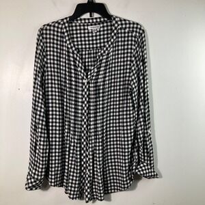 Womens Croft & Barrow V Neck Pleat Front‎ Flannel Gingham Shirt L Black White